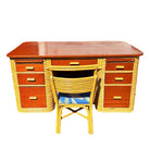 Restored Paul Frankl Style Stacked Rattan & Mahogany Executive Desk W/ Chair