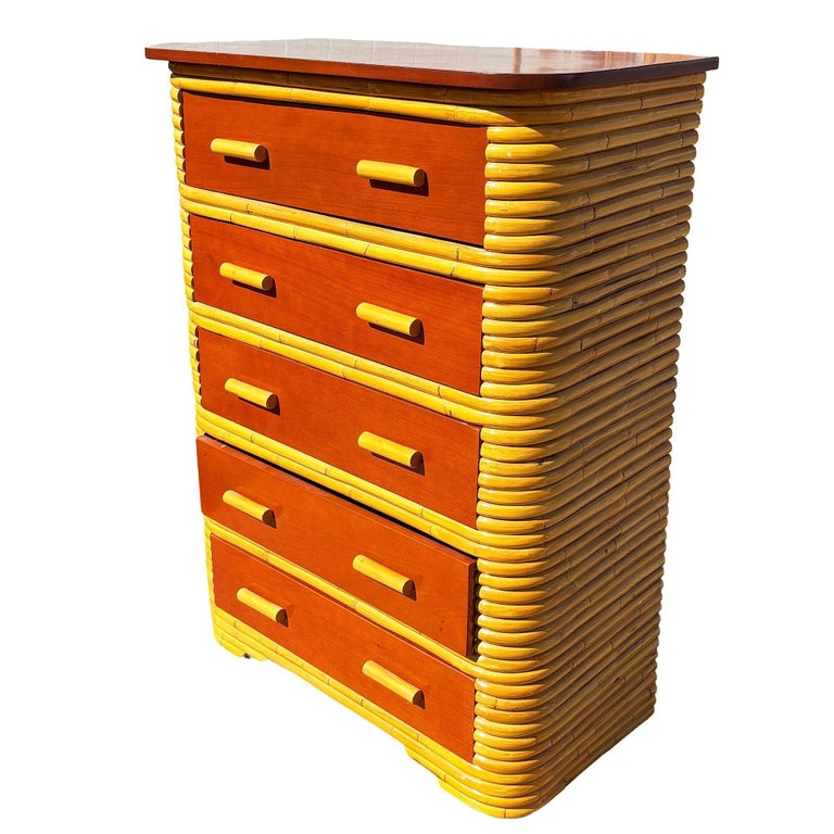 Restored Paul Frankl Style Stacked Rattan & Mahogany Art Deco Highboy Dresser