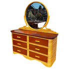 Restored Paul Frankl Style Stacked Rattan & Mahogany Lowboy Dresser w/ Mirror