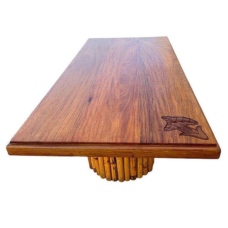 Mid-century Hand Carved Koa Wood Coffee Table w/ Stacked Rattan Legs