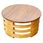 Restored Mid-century Round Architectural Rattan Coffee Table With Mahogany Top