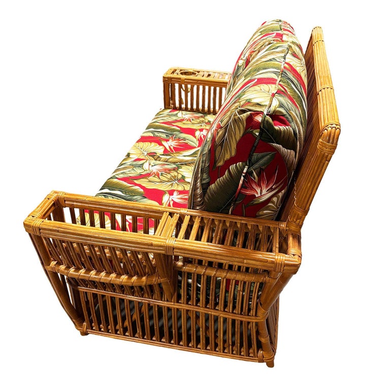 Deco Style "Presidents" Stick Reed Rattan Nantucket 3-Seat Sofa, Floral Cushions