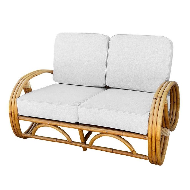 Restored Mid-Century 3-strand 3/4 Round Pretzel Arm Rattan Sectional Loveseat