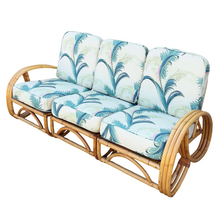 Restored Mid-Century 3-strand 3/4 Round Pretzel Arm Rattan Sectional 3-Seat Sofa