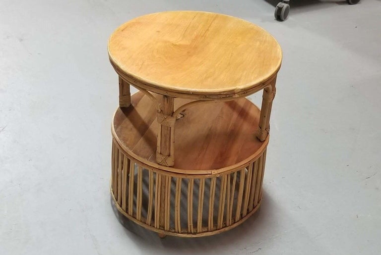 Restored Rattan Round Side Table with Pencil Reed Base