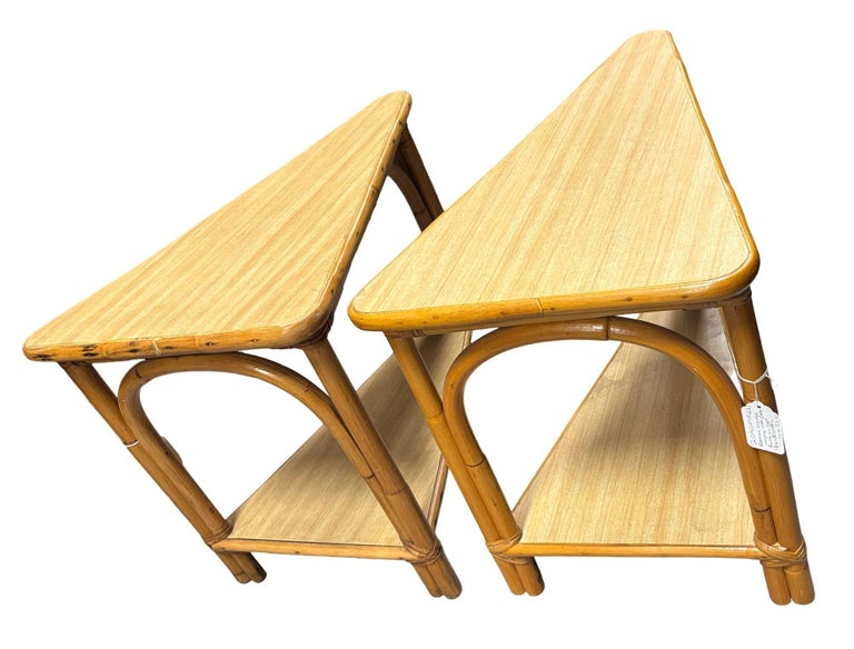 Restored MCM Rattan & Formica 2-Tiered High Arch 3-Strand Wedge Side Table, Pair