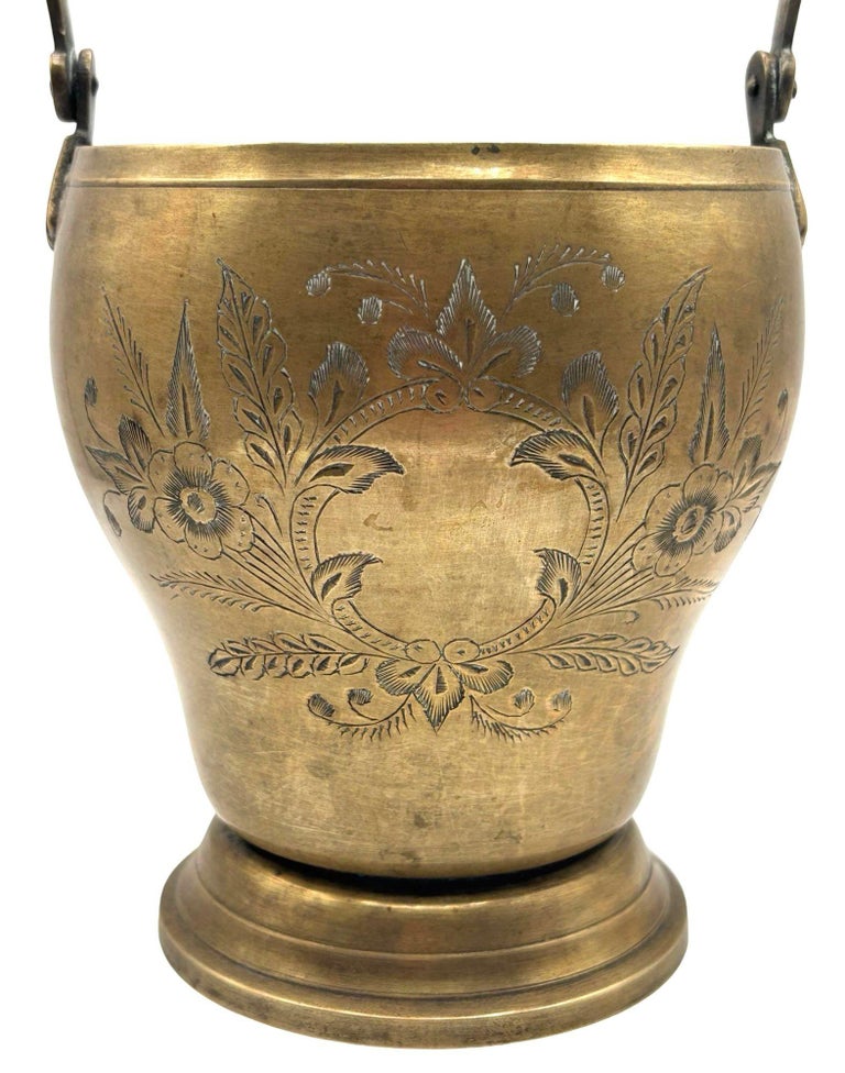 Late Victorian Hand Etched Floral Brass Ice Bucket w/ Whimsical Handle
