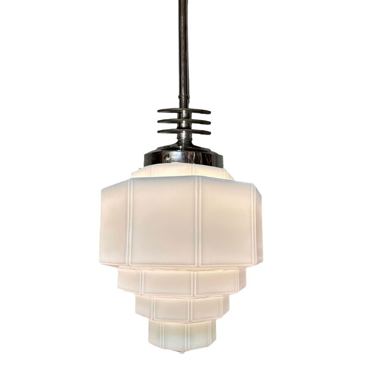 Art Deco Chrome Streamline Pendant Light w/ Stepped Milk Glass Shade