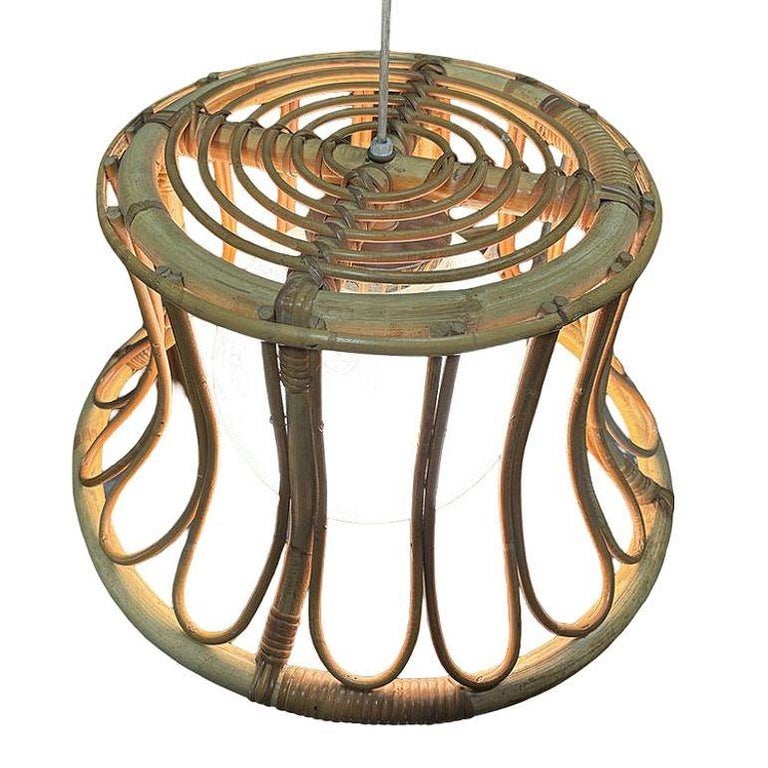 Albini Style Tulip-Shaped Reed Rattan Cieling Pendant Light w/ Glass Globe