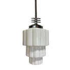 Art Deco Chrome Streamline Pendant Light w/ Stepped Milk Glass Skyscraper Shade