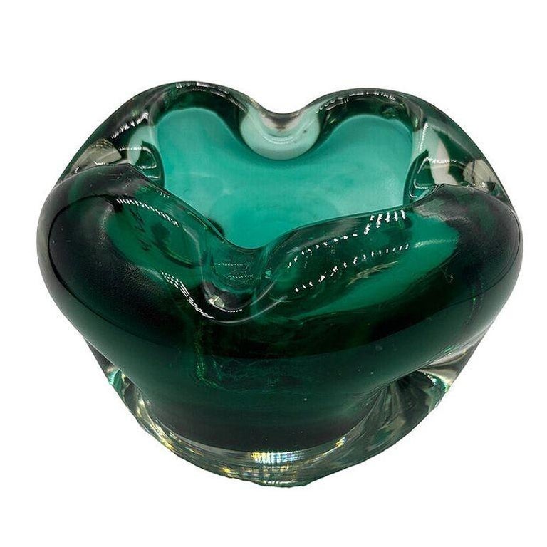 Hand Blown Emerald Green Murano Weighted Cased Art Glass Ashtray
