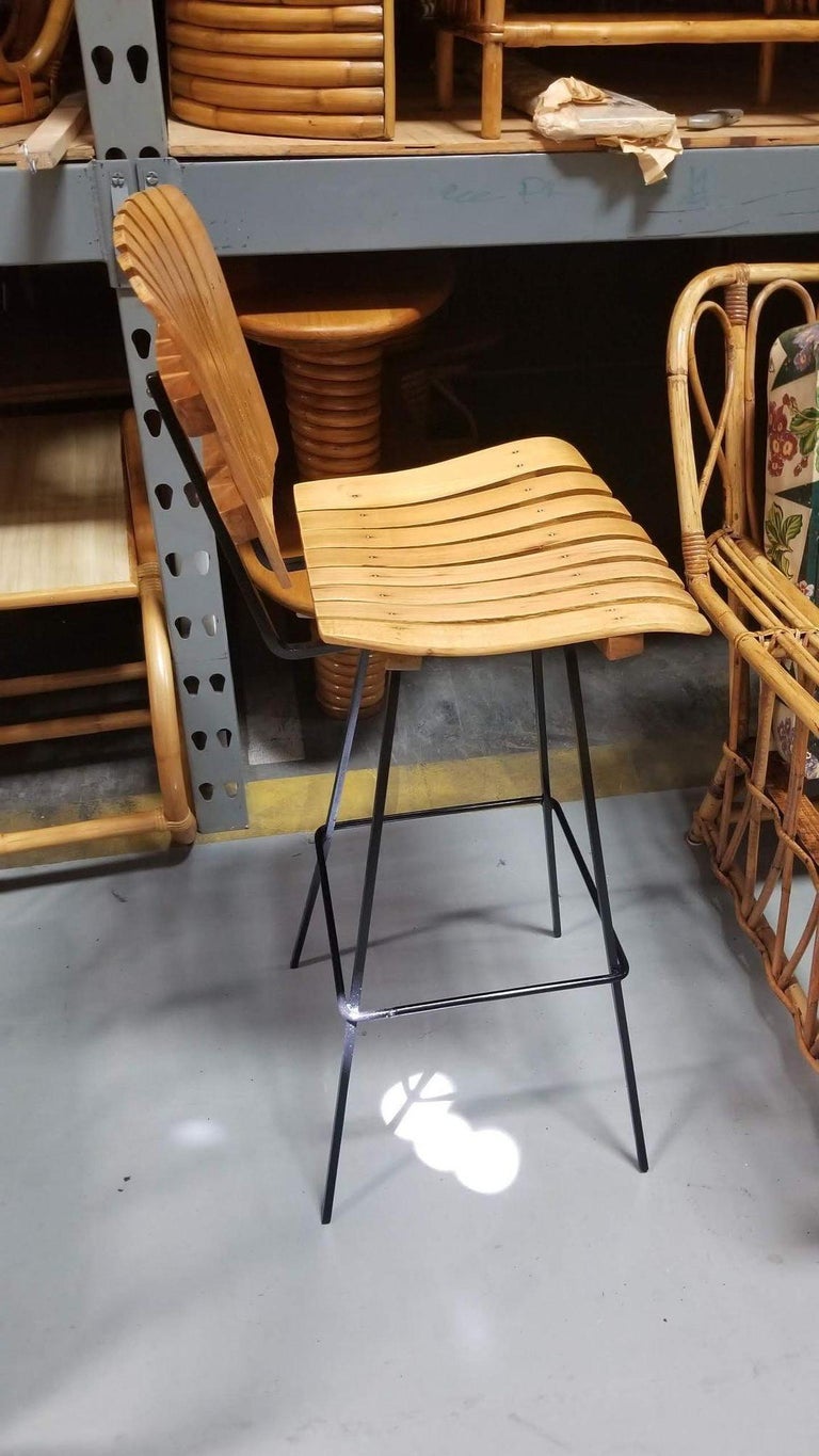 Restored Mid Century Arthur Umanoff Set of Four Slat Bar Stools