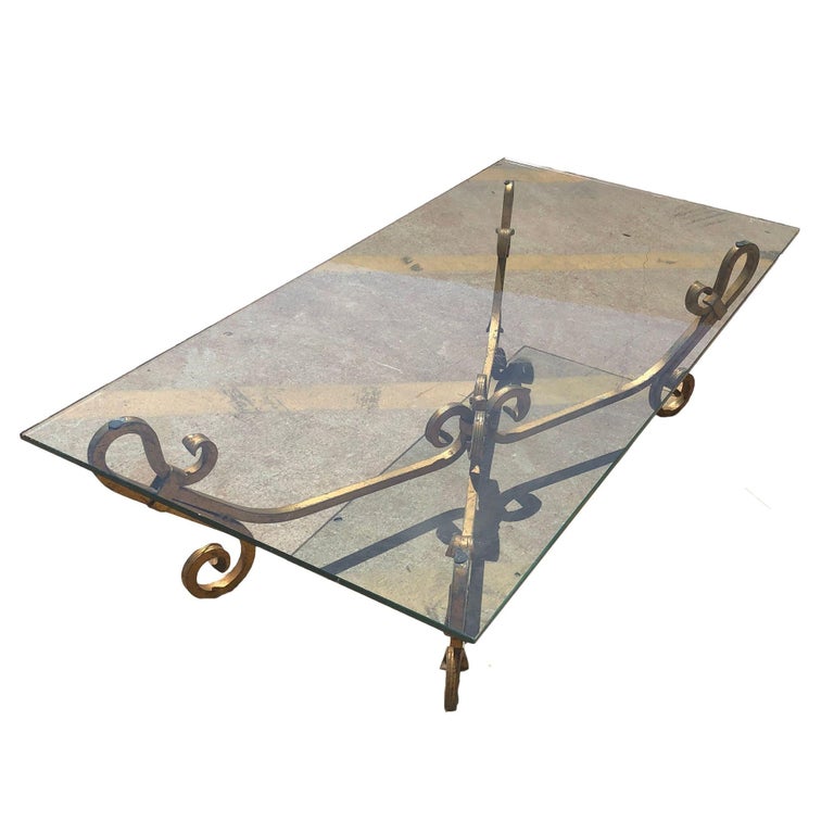 Gold-tone Gilded Wrought Iron Hollywood Regency Cocktail Table w/ Glass Top