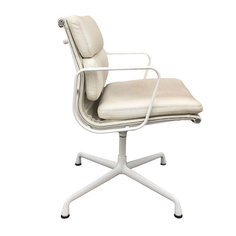 White Eames EA208 Leather Soft Pad Chair by Herman Miller, Set of 4