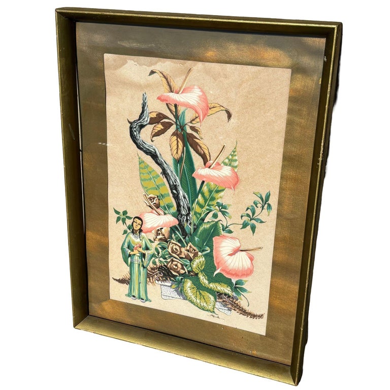 Framed Mid-century Asian Floral Inspired Watercolor Print by Bunell