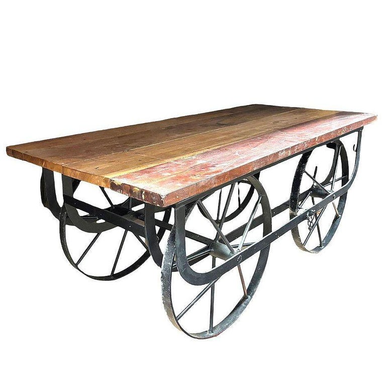 Industrial Iron & Wood Railroad Style Rolling Trolly Cart Coffee Table