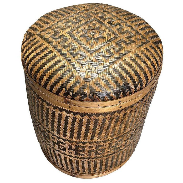 Tall Traditional Thai Hand Woven Wicker Rice Storage Basket w/ Lid