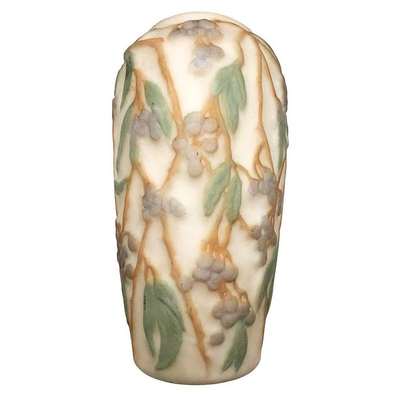 1924 Phoenix Consolidated Satin Glass Lamp Vase Base With Grape Leaves Floral