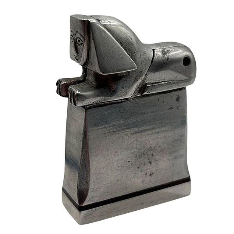 Hand Made Bespoke Silver Art Deco Sphinx Lift Arm Lighter w/ Geometric Inlay