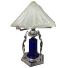 Frankart Era Art Deco Style Chrome & Cobalt Figural Lamp w/ Vivian Glass Shade
