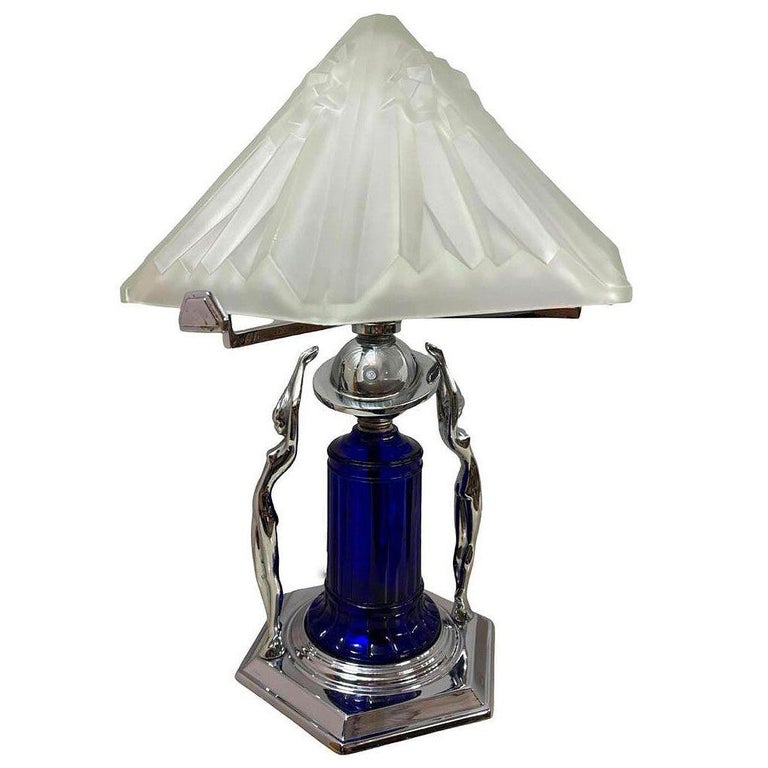 Frankart Era Art Deco Style Chrome & Cobalt Figural Lamp w/ Vivian Glass Shade