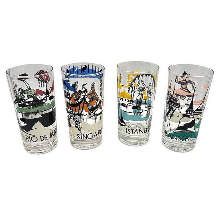 Set of 7 MCM Barware Highball "Cities Of The World" Drinking Glasses