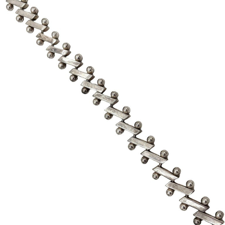 Mid-Century Heavy 925 Sterling Silver "Zig-Zag" Nuts Balls Links Bar Bracelet