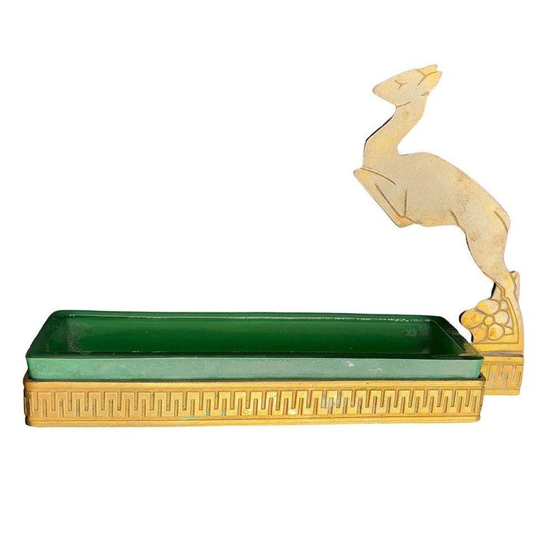 Art Deco Brass & Green Glass Leaping Gazelle Ring Tray