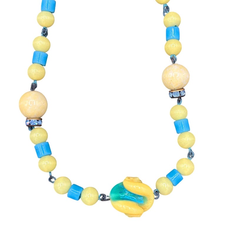 Czechoslovakian Art Deco Yellow White & Blue Bohemian Art Glass Bead Necklace