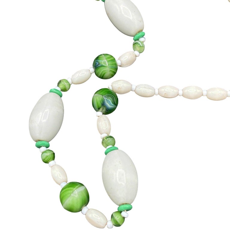 Czech Bohemian Green/White Lamp Art Glass w/Mop Shell Bead Necklace