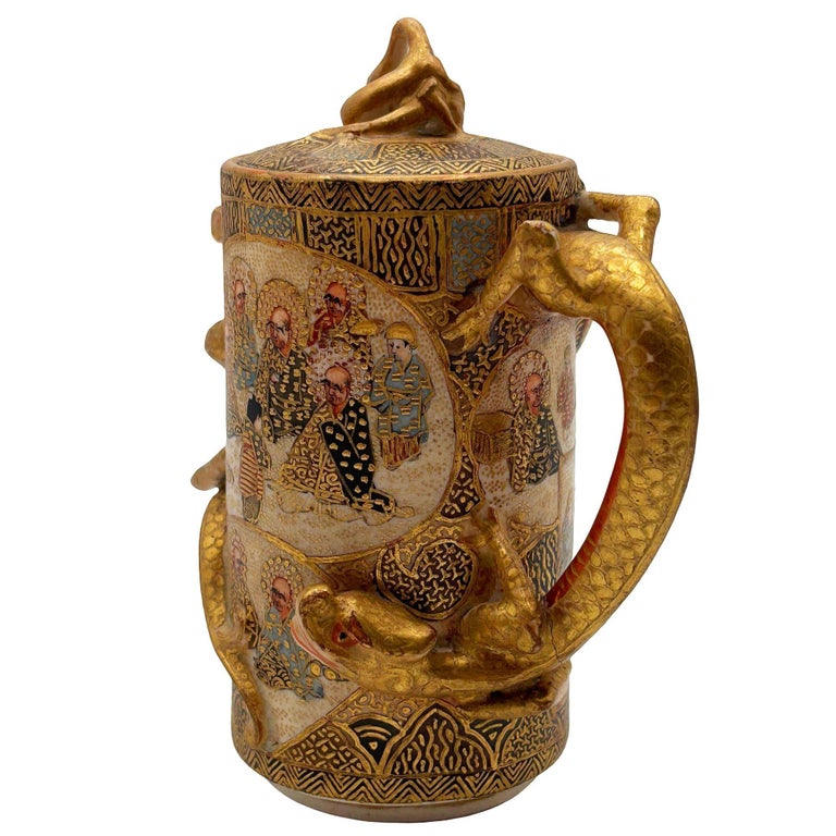 Gyokushu Satsuma Earthenware Saki Pitcher, C. Meiji Period