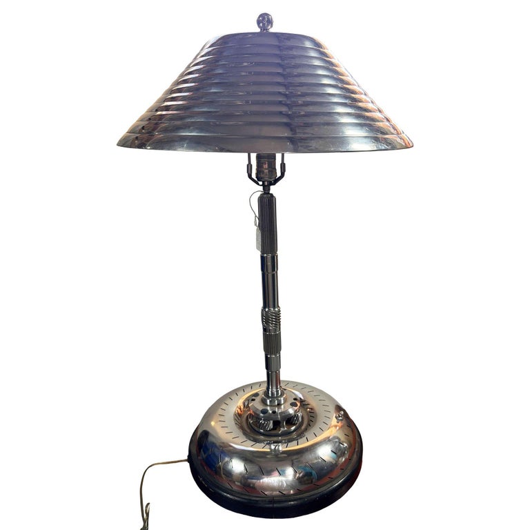 1980s Chrome Machine Age Art Deco Style Table Lamp w/ Torque Converter Base