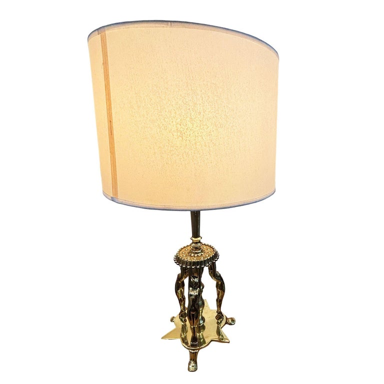 1920 Brass Figural Nude Art Deco Flapper Table Lamp by Frankart w/ Shade