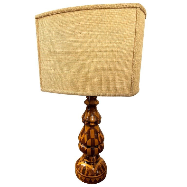 Mid-Century Hand Turned Segmented Marquetry Inlay Mosaic Table Lamp w/ Shade