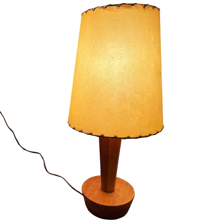 Yasha Heifetz Style Geometric Mid-century Oak Table Lamps w Whipple Stitch Shade