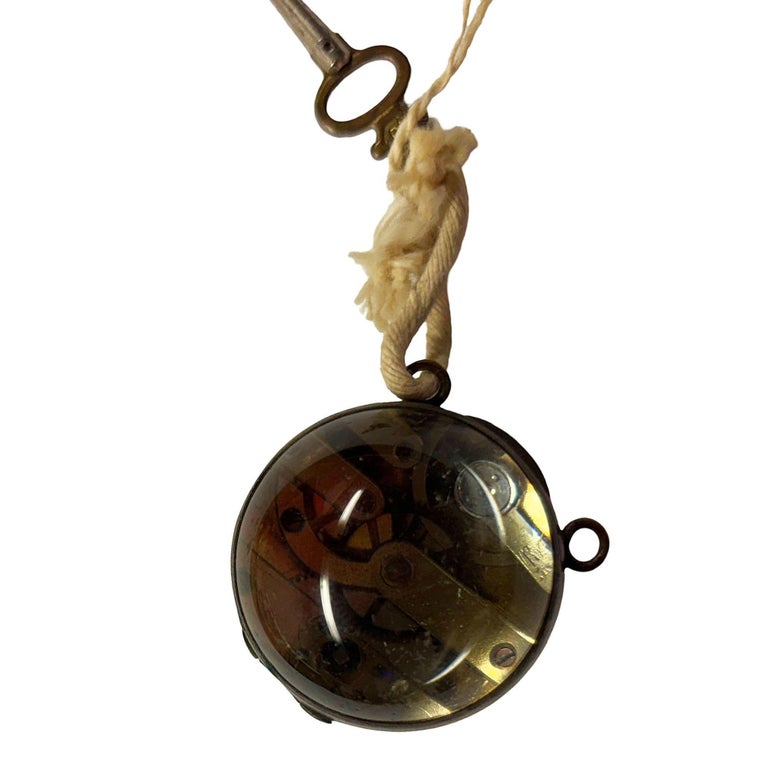Late Victorian 1900 Gilt Brass & Crystal Glass Ball Pocket Watch w/ Key