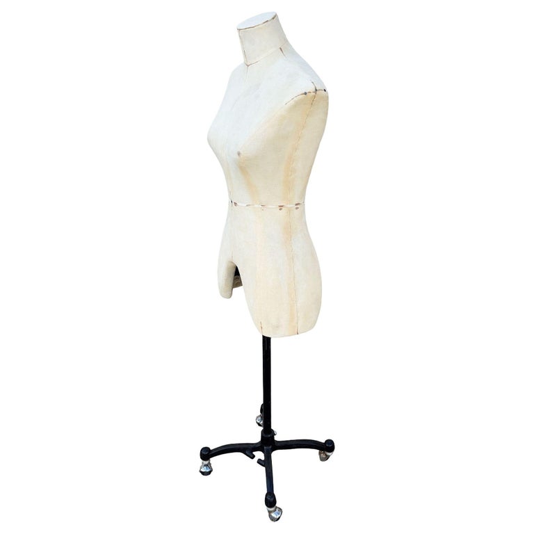 Adult Female White Linen Dress Form Mannequin on Iron Base w/ Wheels Size 8