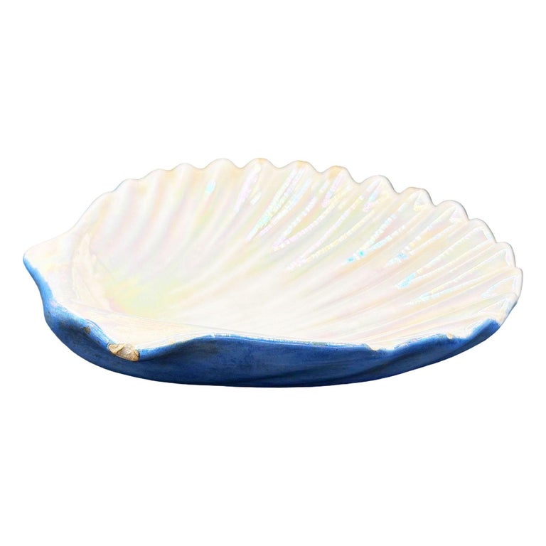 Large 8" Mid-century Rainbow Iridescent Ceramic Clam Shell Tropical Ashtray