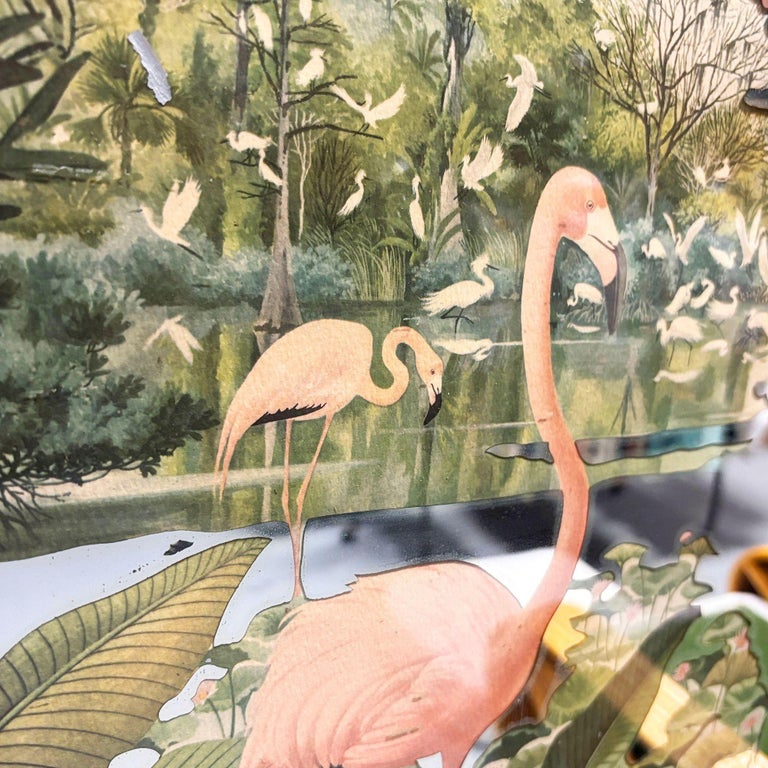 Rare Lithagraph Printed Pink Flamingo Framed Wall Mirror Wall by R. Stern for Tu