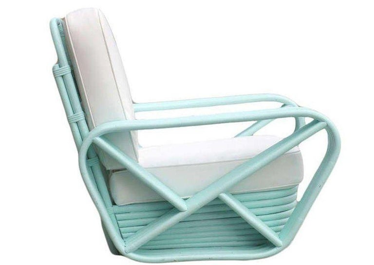 Restored Aqua Turquoise 5-Strand Square Pretzel Rattan Lounge Chairs , Pair