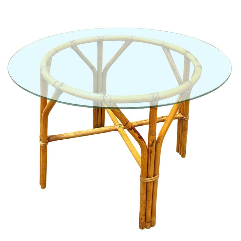 Restored Mid-century Round Glass Top 3-Strand Rattan Dining Table