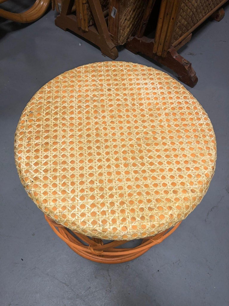 Restored Rattan Orange and Natural Cane Side Table