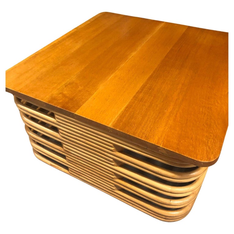 Restored Stacked Rattan Cocktail Coffee Table w/ Mahogany Top