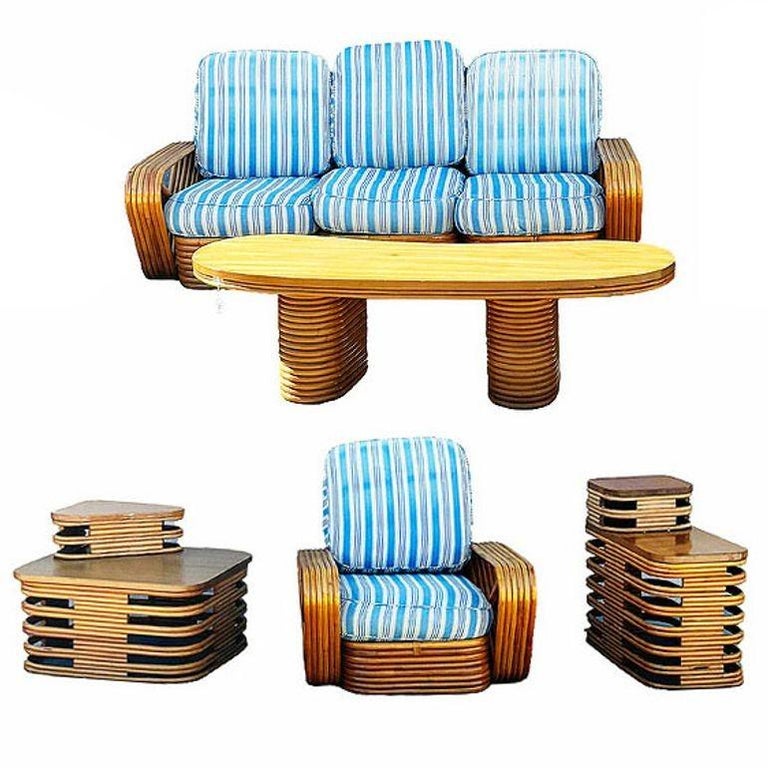 Restored MCM Rattan Six Strand Square Pretzel Table & Seating Livingroom Set