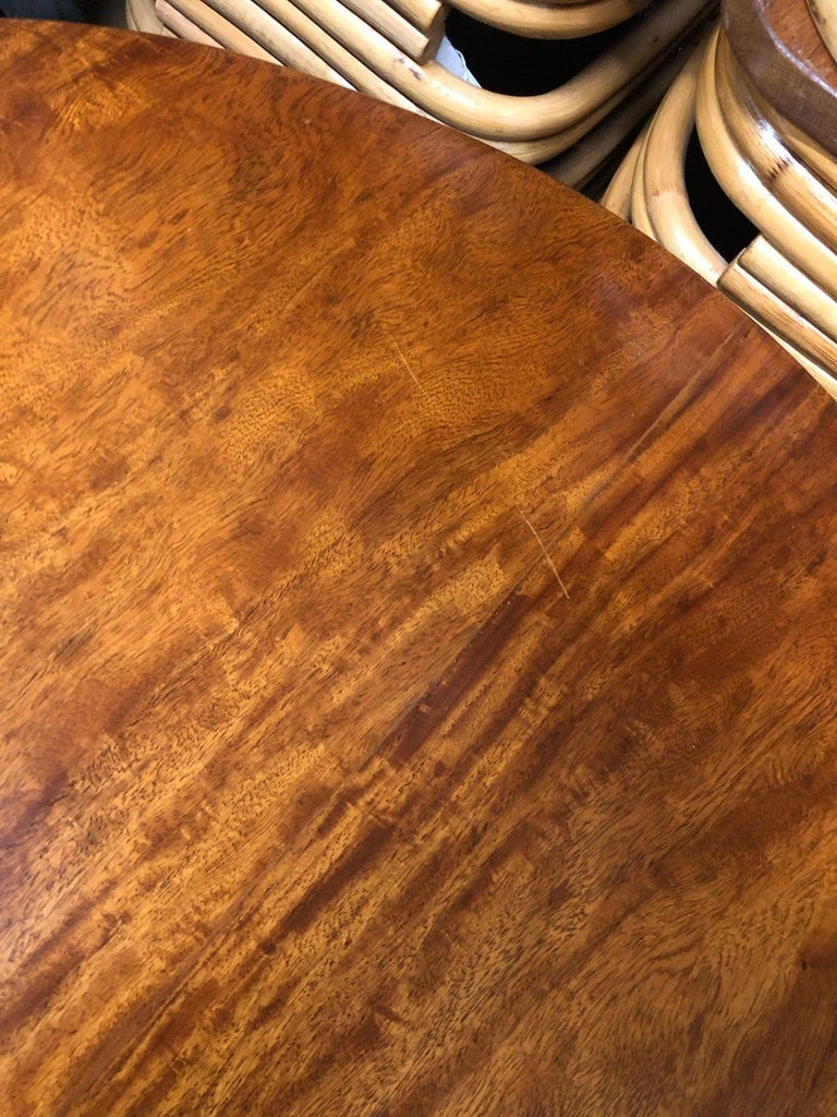Restored Round Rattan Coffee Table with Mahogany Top