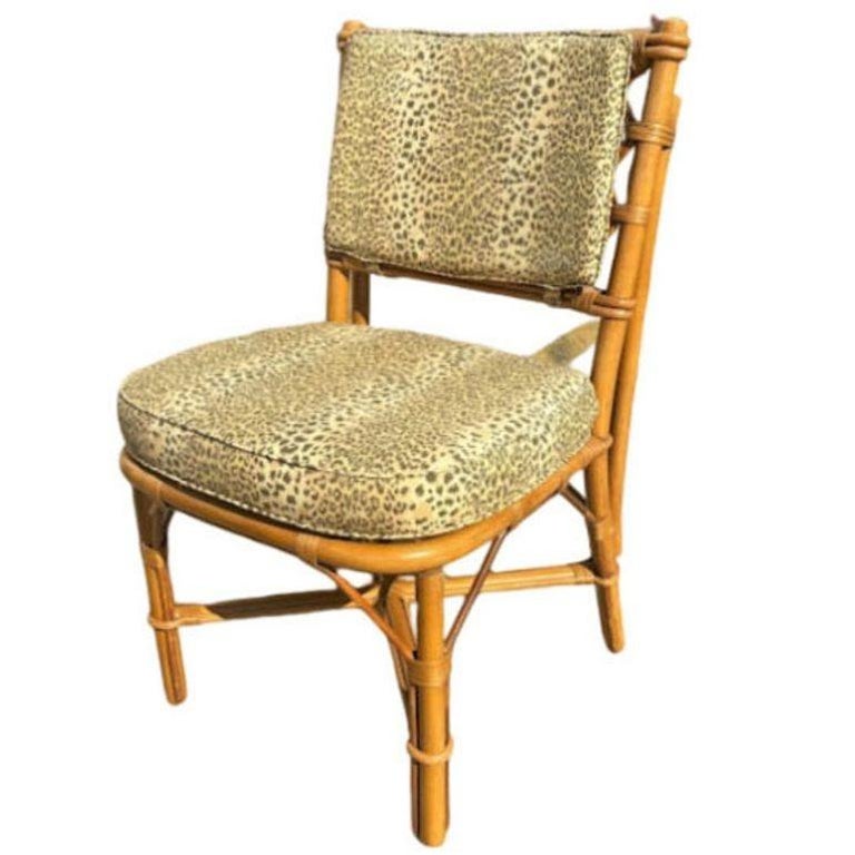Restored Mid-century Rattan Dining Table & Chairs w/ Leopard Print Cushions