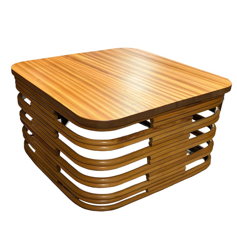 Restored Stacked Rattan Coffee Table w/ Mahogany Top