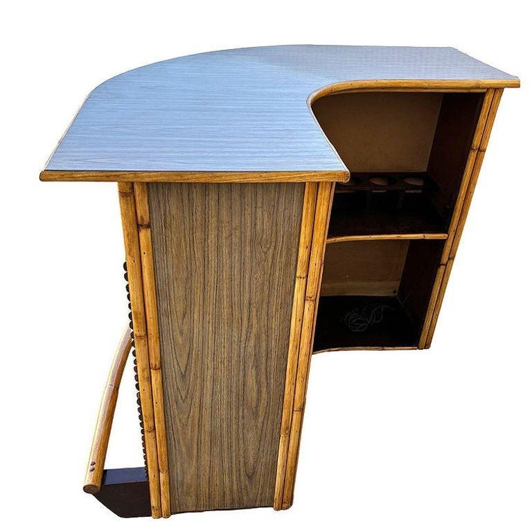 Restored Horizontal Stacked Restored Rattan L-shaped Corner Bar w/ Foot Rest
