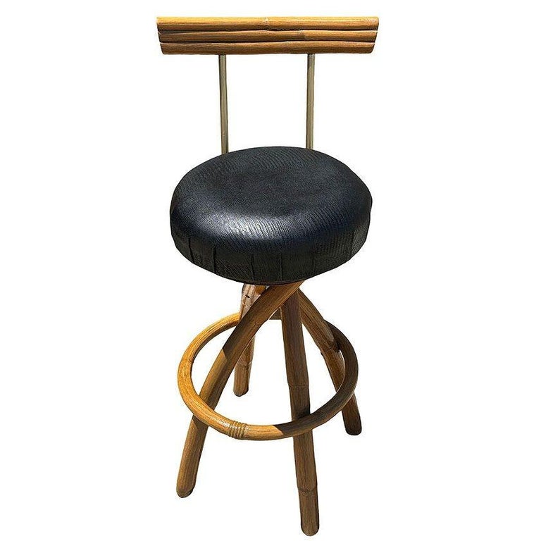 Restored Spiral Legs Rattan & Brass Barstool w/ Swivel Seats, Set of Six