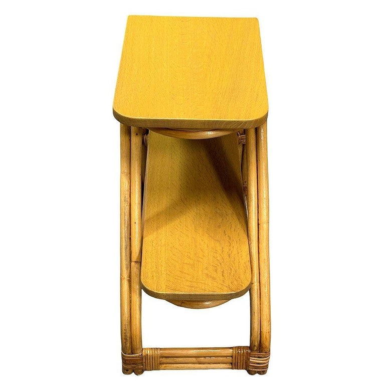 Restored Mid-Century Double-Strand Arched 2-Tiered Rattan & Oak Side Table, Pair